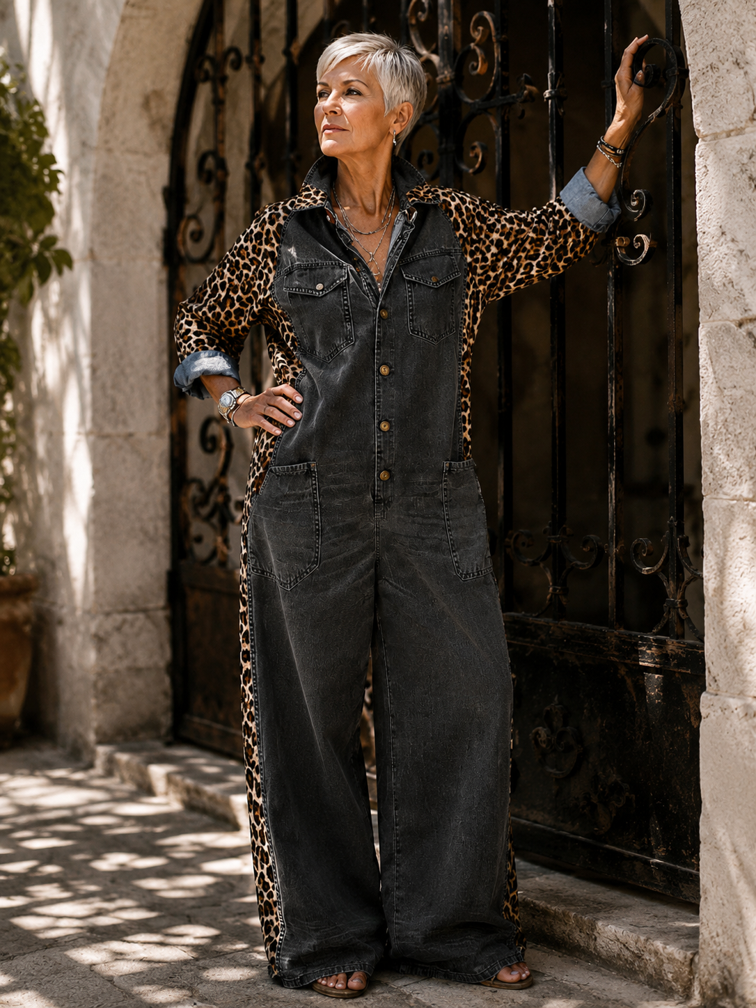 Yasmeen | Denim Leopard Print Wide Leg Jumpsuit