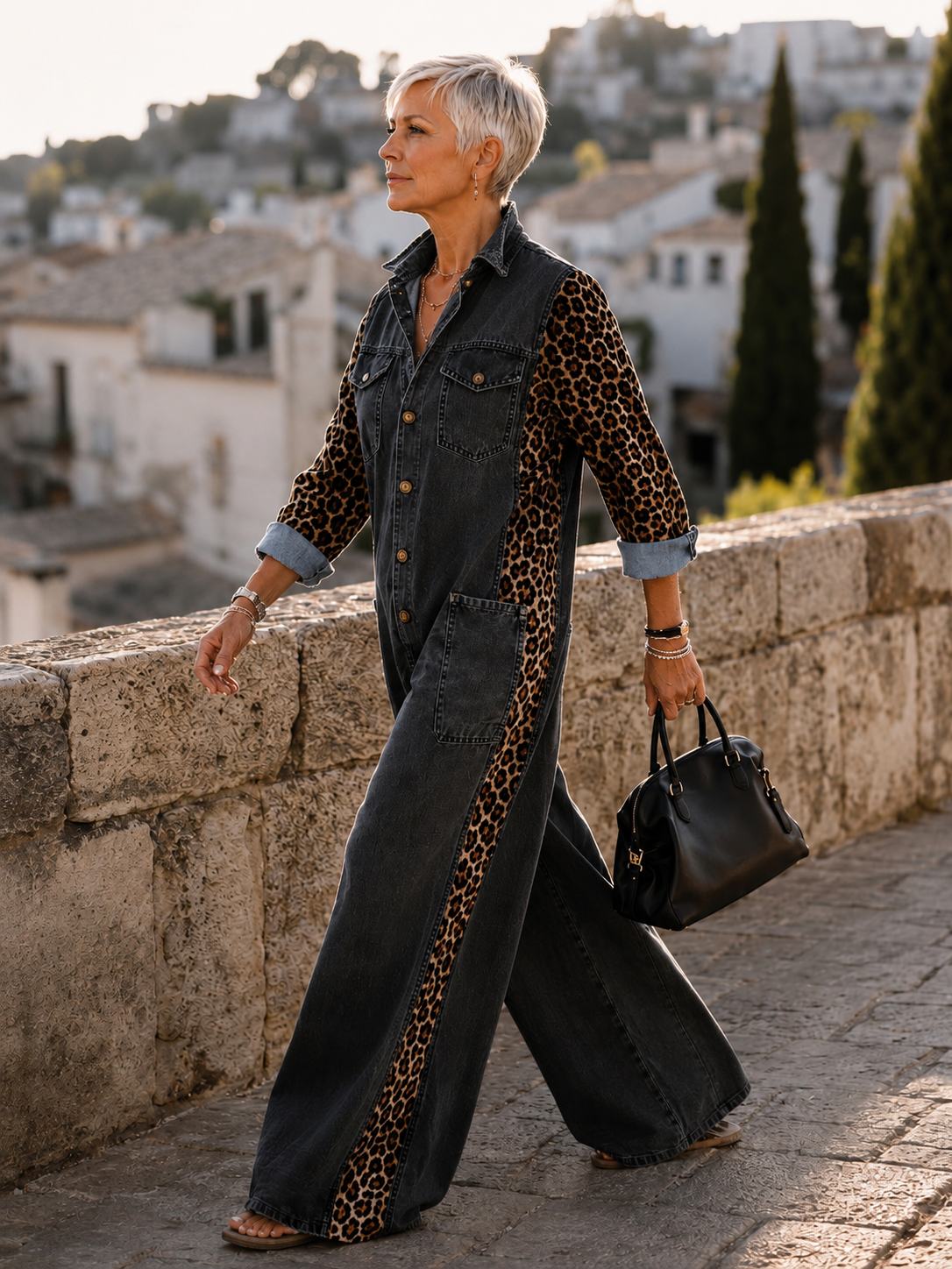 Yasmeen | Denim Leopard Print Wide Leg Jumpsuit