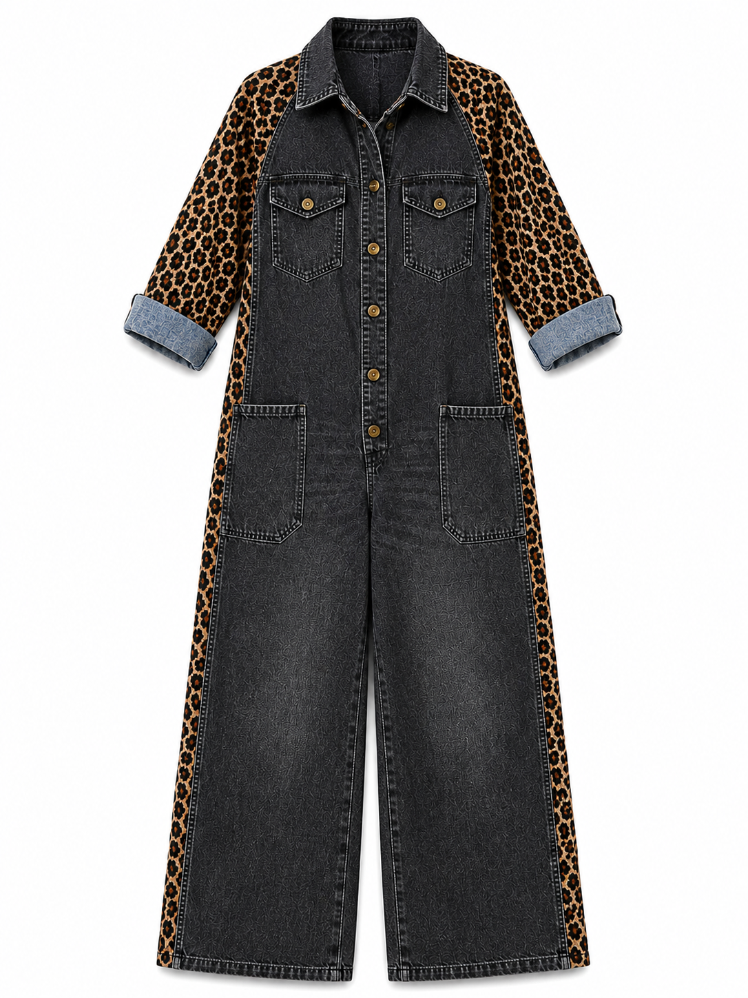 Yasmeen | Denim Leopard Print Wide Leg Jumpsuit