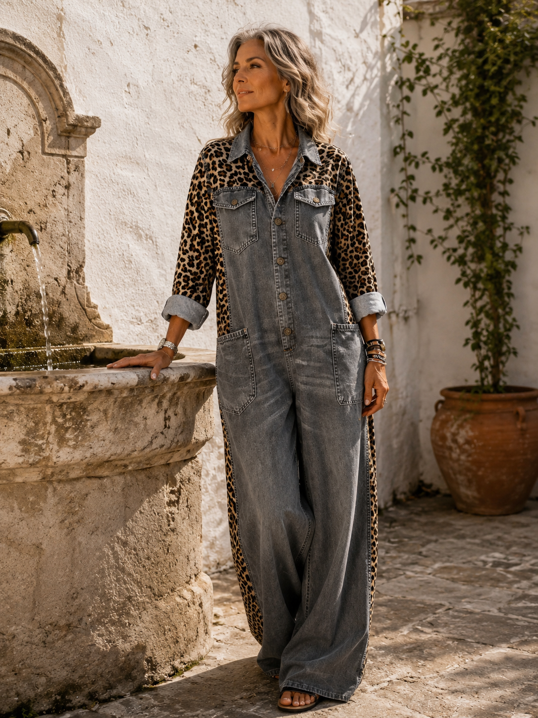 Yasmeen | Denim Leopard Print Wide Leg Jumpsuit