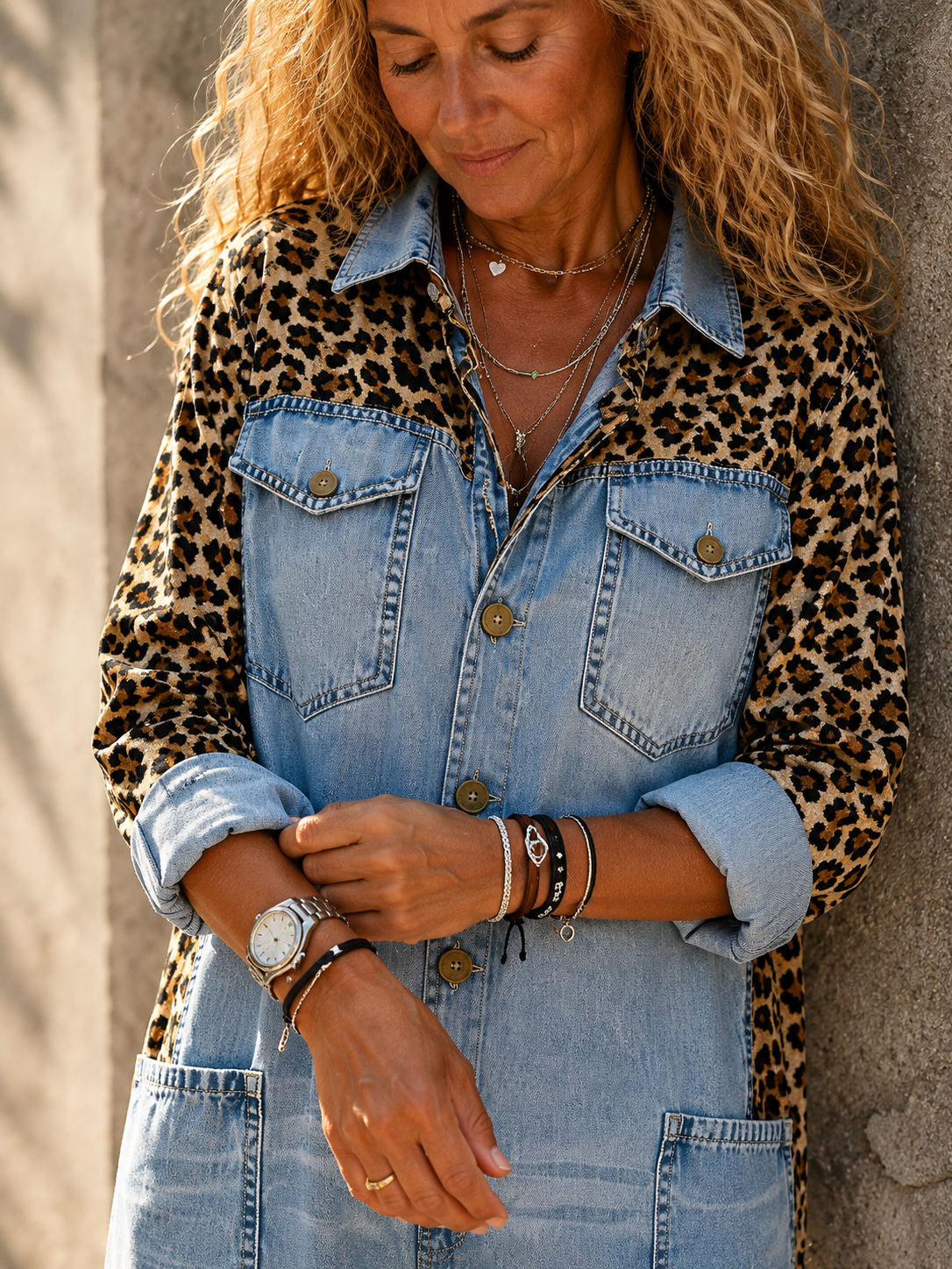 Yasmeen | Denim Leopard Print Wide Leg Jumpsuit