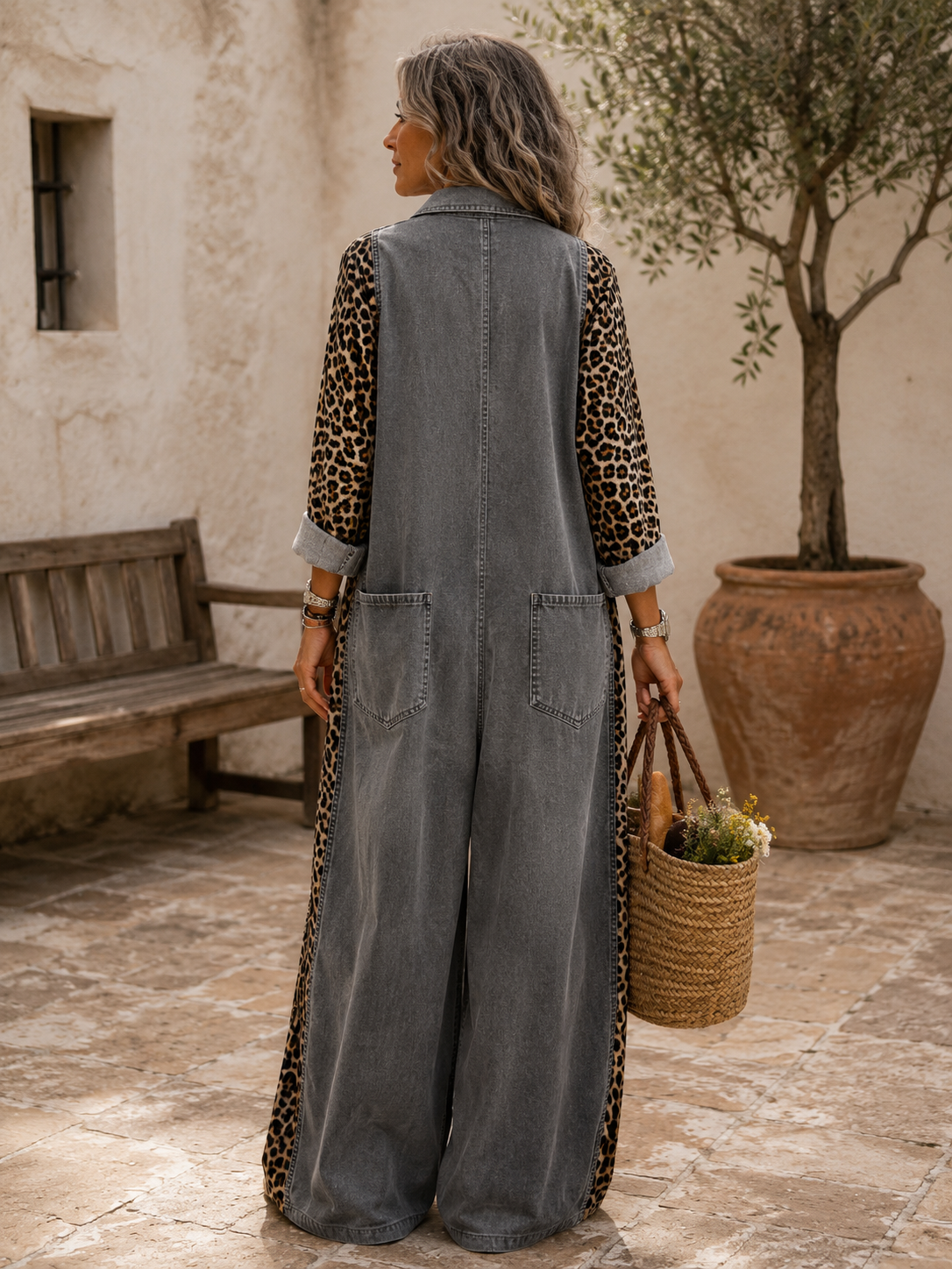 Yasmeen | Denim Leopard Print Wide Leg Jumpsuit