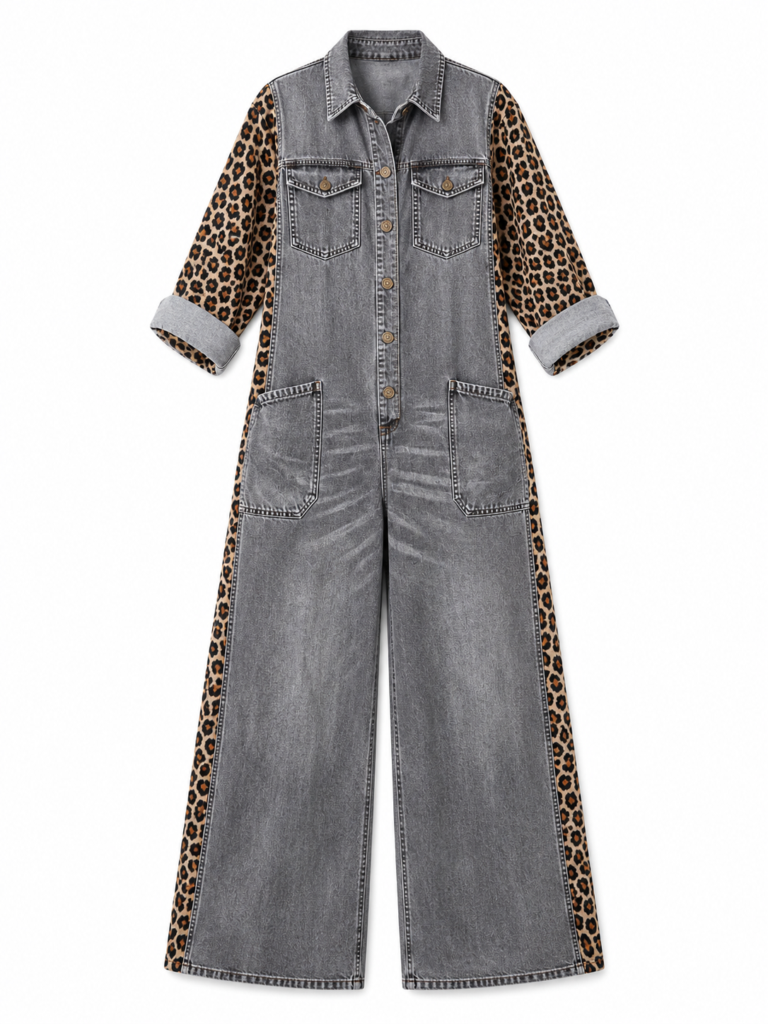 Yasmeen | Denim Leopard Print Wide Leg Jumpsuit