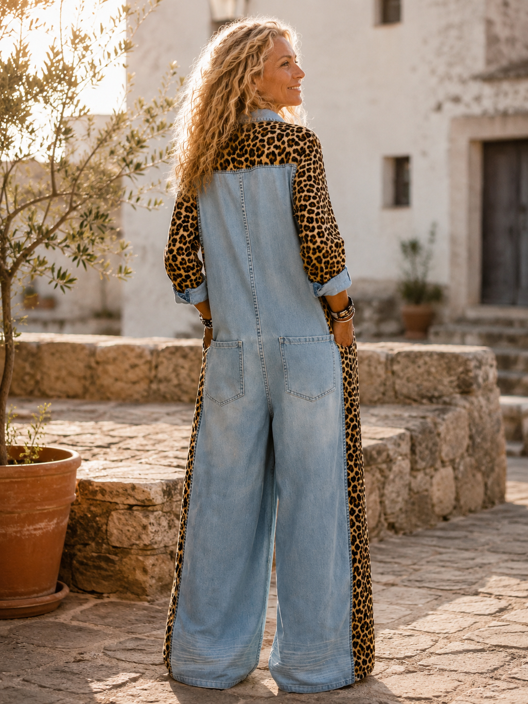 Yasmeen | Denim Leopard Print Wide Leg Jumpsuit