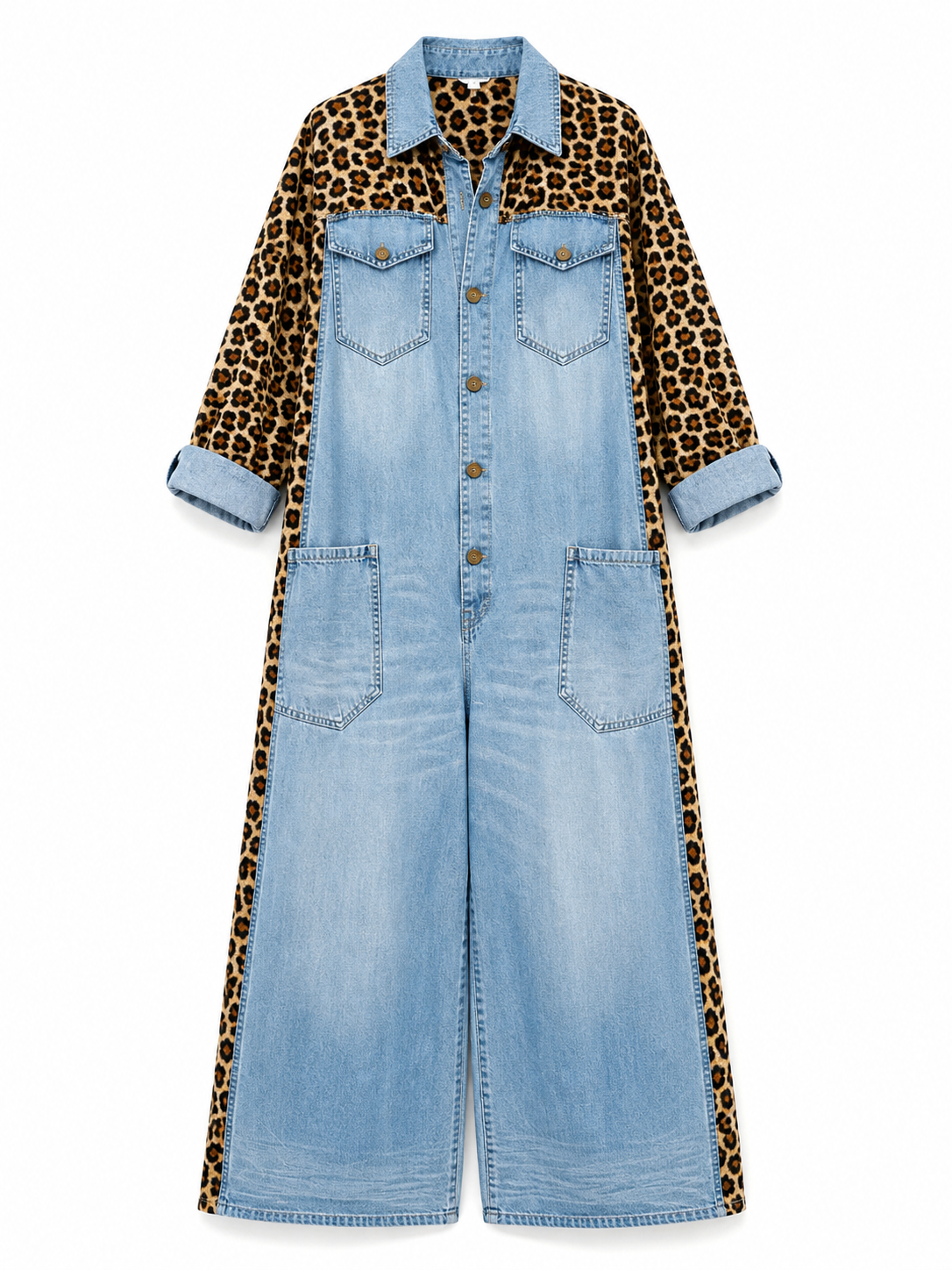 Yasmeen | Denim Leopard Print Wide Leg Jumpsuit