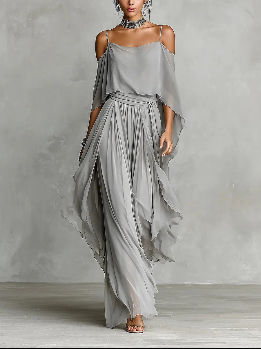 Roneeta | Gray Cold Shoulder Chiffon Set