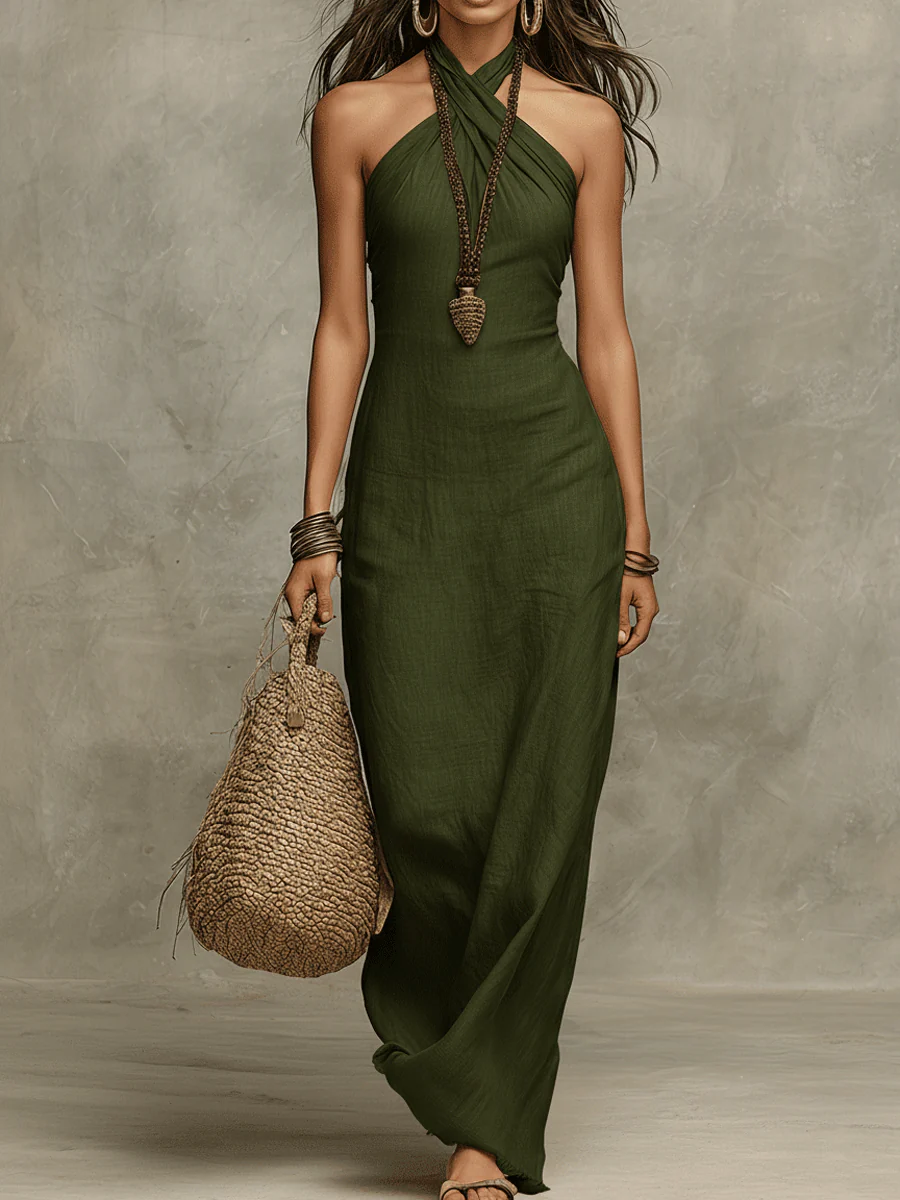 Nazia | Halter Neck Maxi Dress With Cross Front