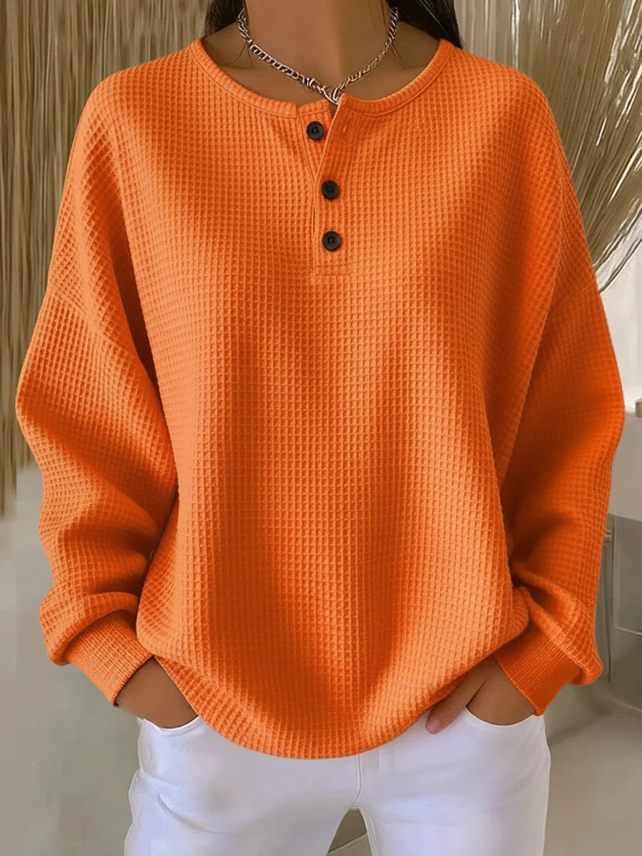 Delvarina | Waffle Knit Pullover with Button Detail