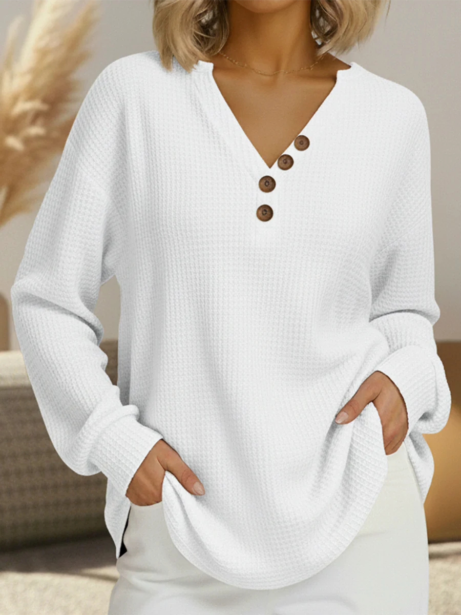 Delvarina | Waffle Knit Pullover with Button Detail