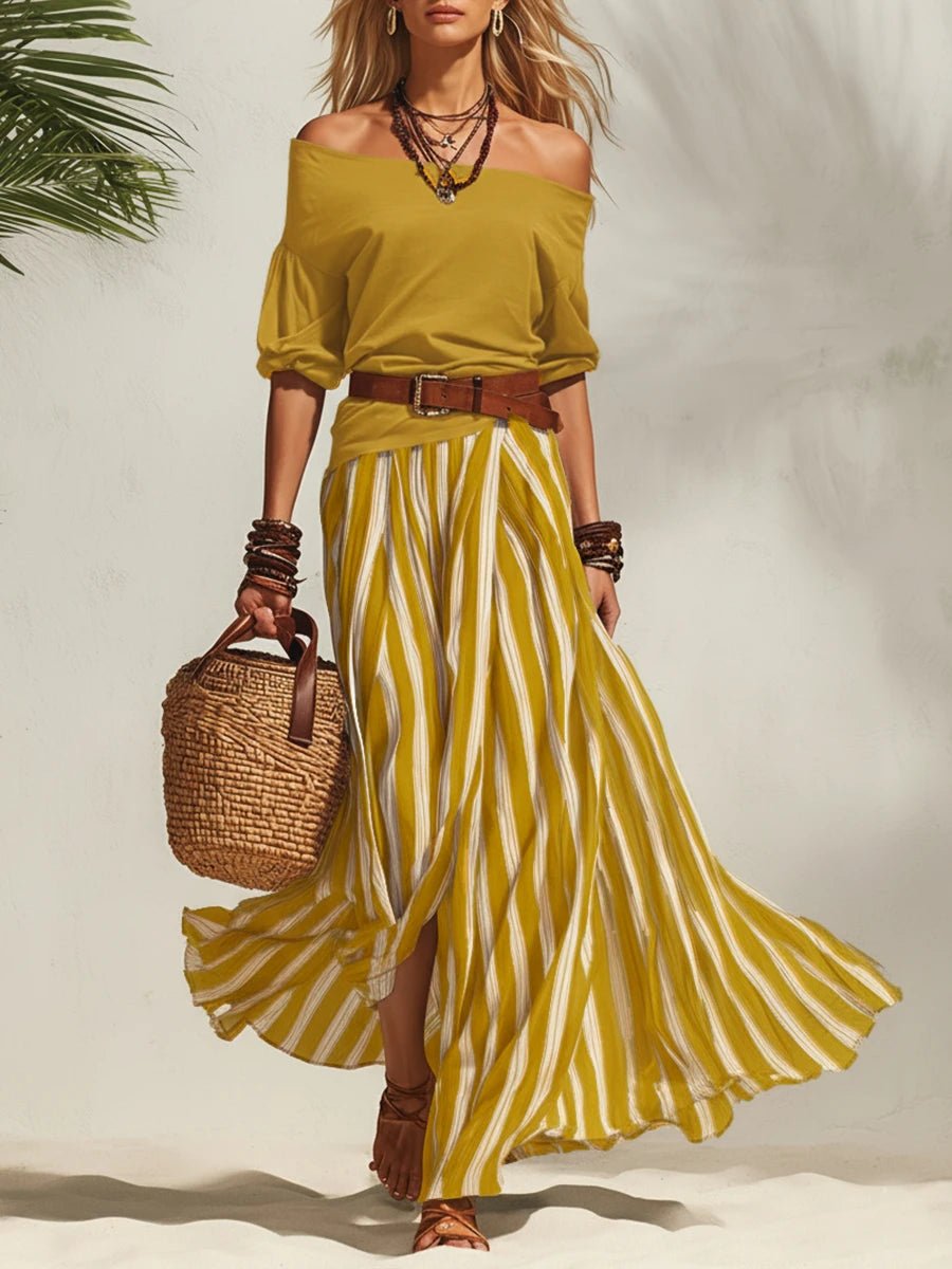 Esabella | Off-Shoulder Top Striped Skirt Set