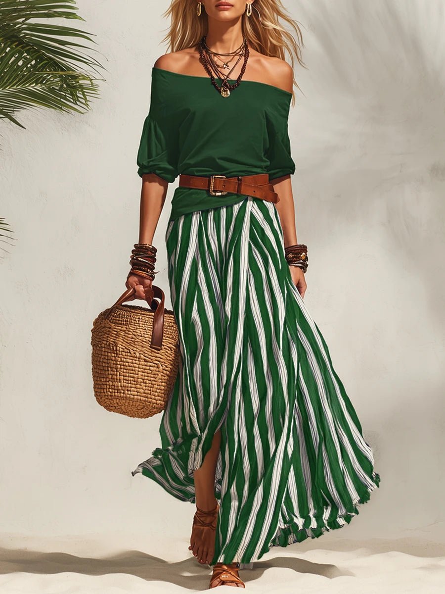 Esabella | Off-Shoulder Top Striped Skirt Set