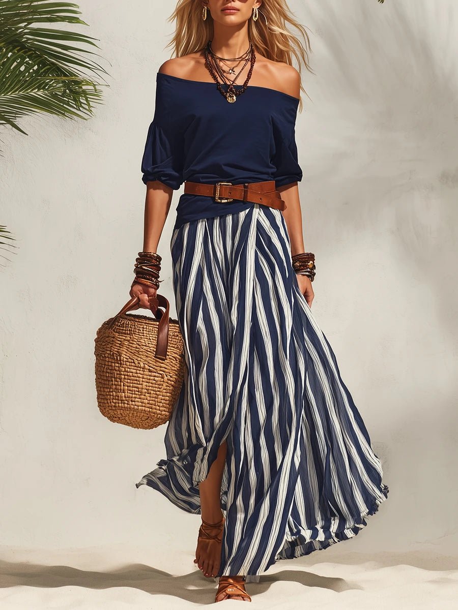 Esabella | Off-Shoulder Top Striped Skirt Set