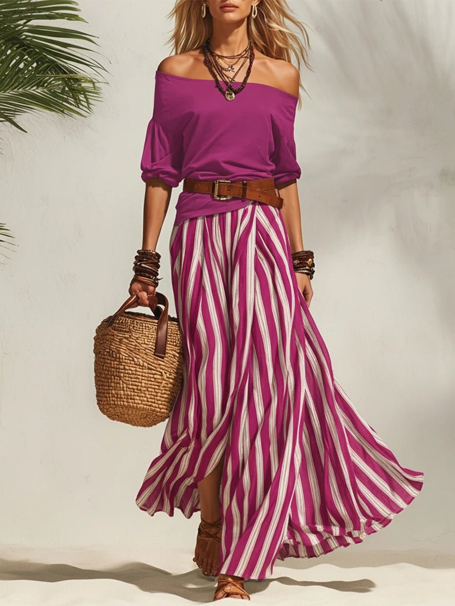 Esabella | Off-Shoulder Top Striped Skirt Set