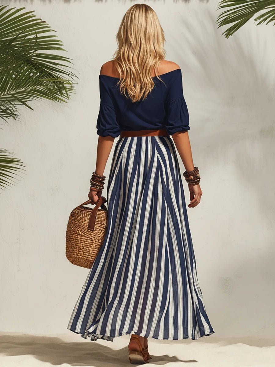 Esabella | Off-Shoulder Top Striped Skirt Set