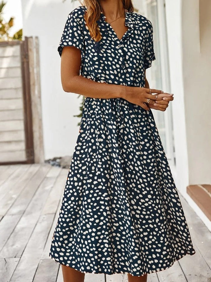 Carine | V Neck Short Sleeve Printed Dress