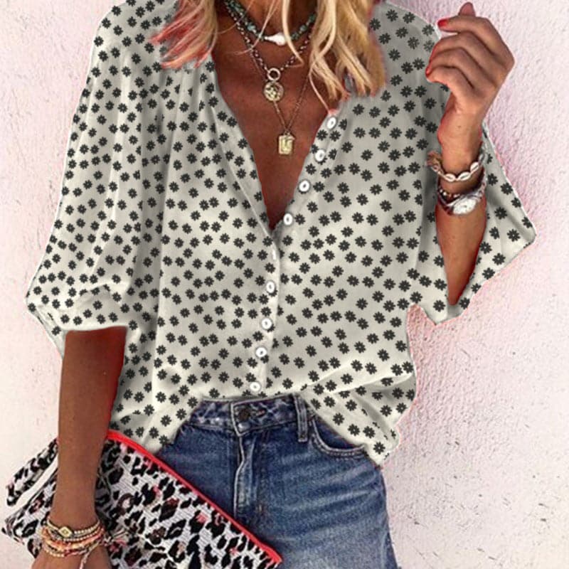 Nathally | Floral Print V Neck Button Blouse