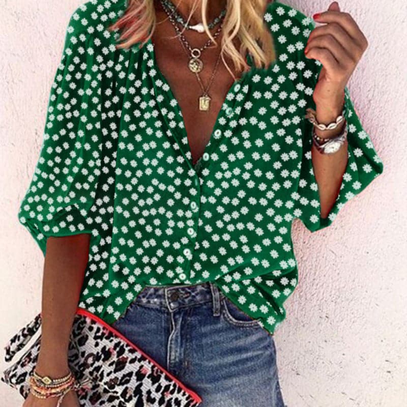 Nathally | Floral Print V Neck Button Blouse