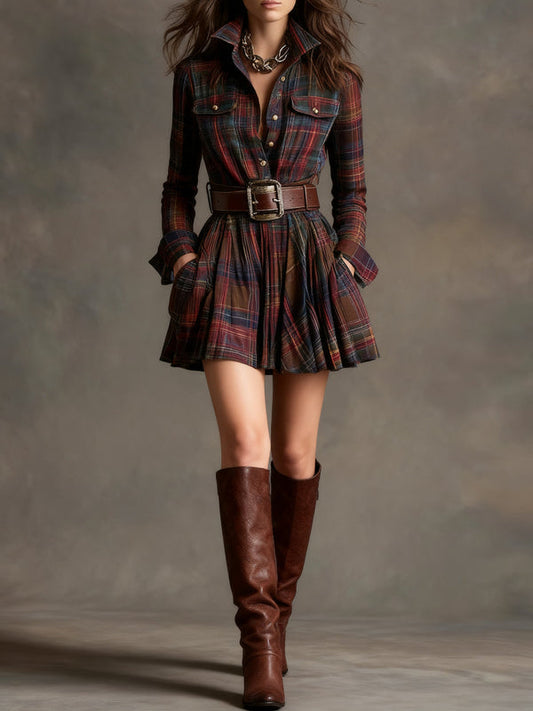 Keshet | Plaid Long Sleeve Mini Shirt Dress