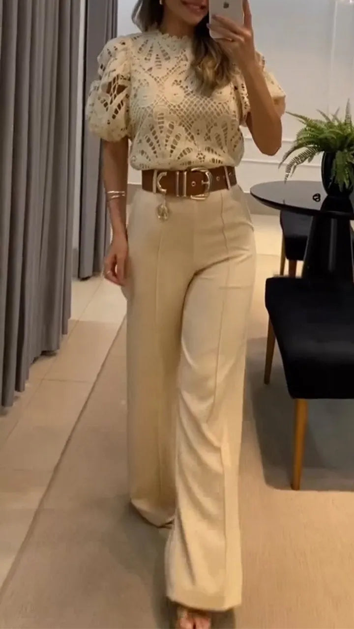 Sherrie | Two Piece Lace Top Wide Leg Trouser Set
