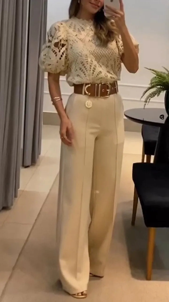 Sherrie | Two Piece Lace Top Wide Leg Trouser Set