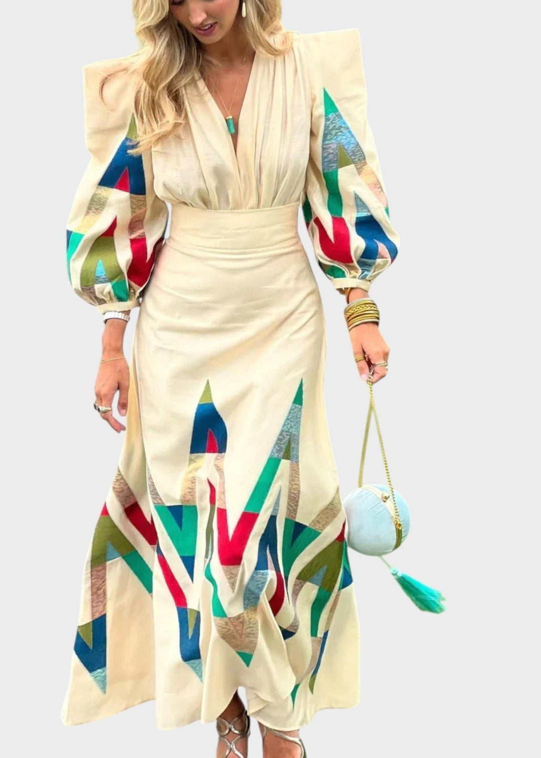 Eleni | Maxi Dress Geometric Print Puff Sleeves