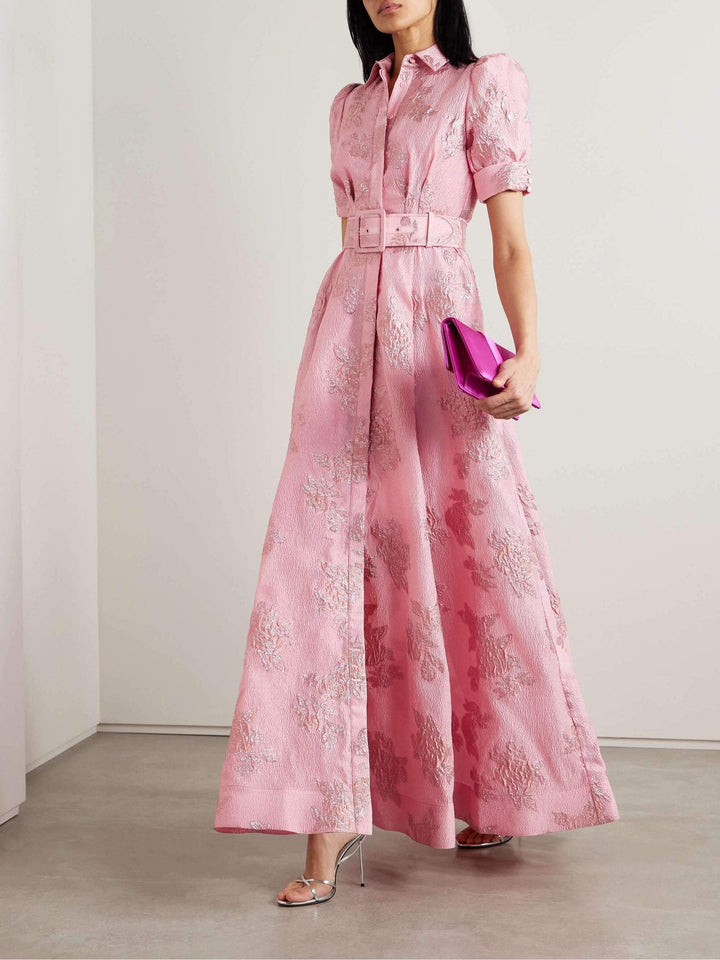 Anabella | Belted Maxi Dress Puff Sleeve Collar