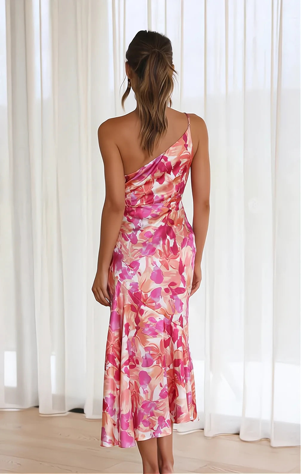 Cynthia | Floral Satin One Shoulder Midi Dress