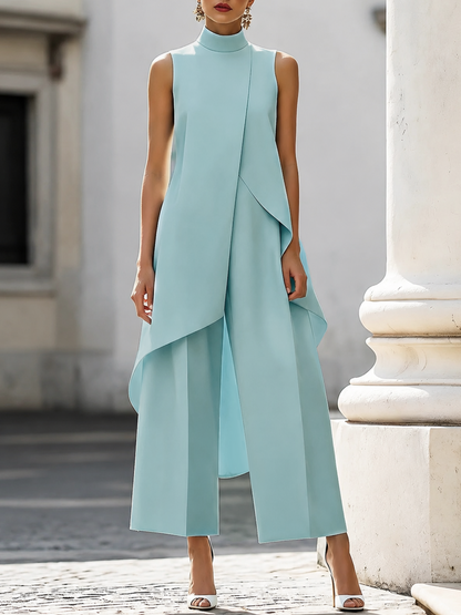 Germine | Sleeveless High Neck Draped Wide Leg Jumpsuit