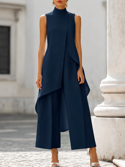 Germine | Sleeveless High Neck Draped Wide Leg Jumpsuit