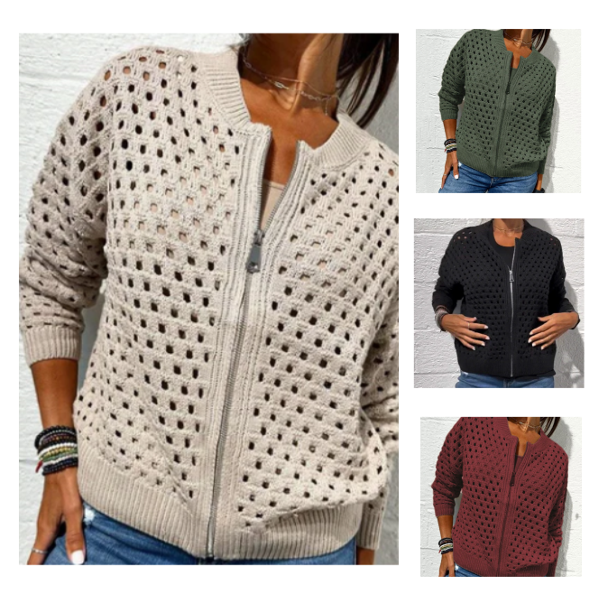 Raluca | Open Knit Zip Front Cardigan Jacket
