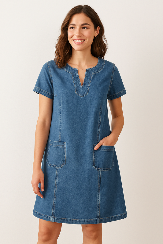 Polixeni | Denim Short Sleeve Pocket Dress