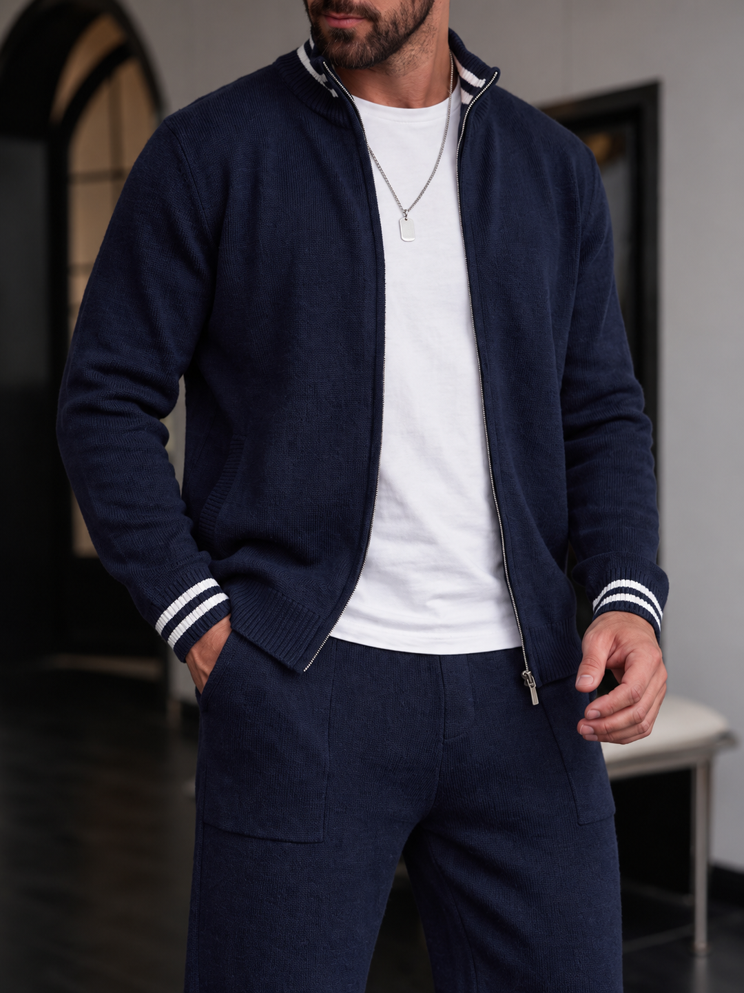 Arnold | Tracksuit With Navy Knit and Striped Cuffs
