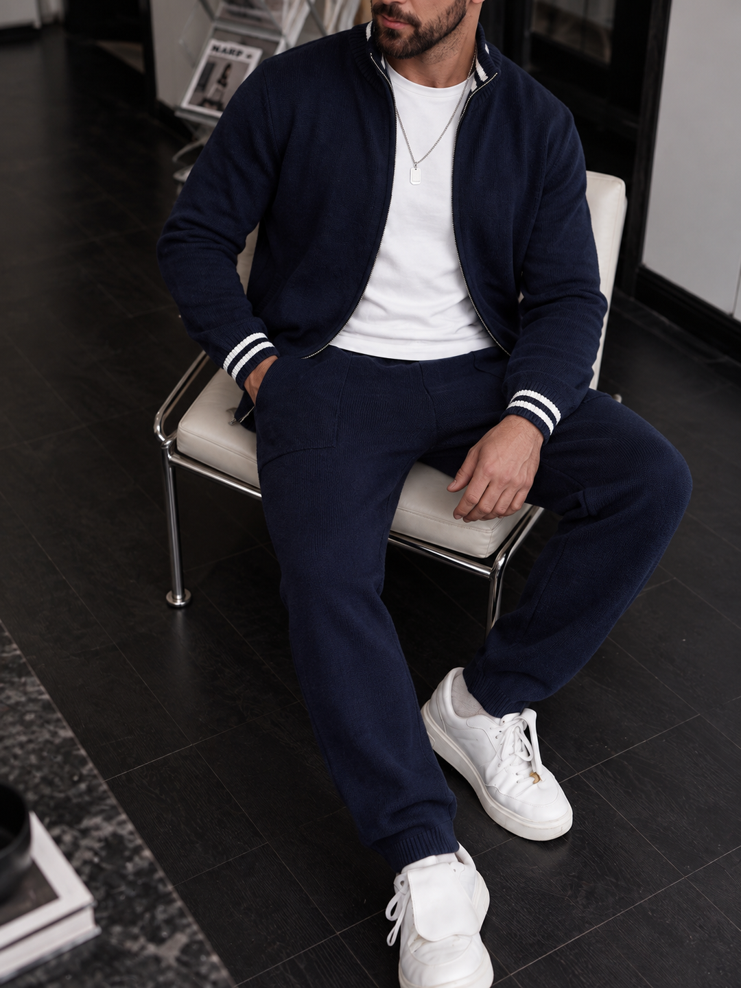 Arnold | Tracksuit With Navy Knit and Striped Cuffs