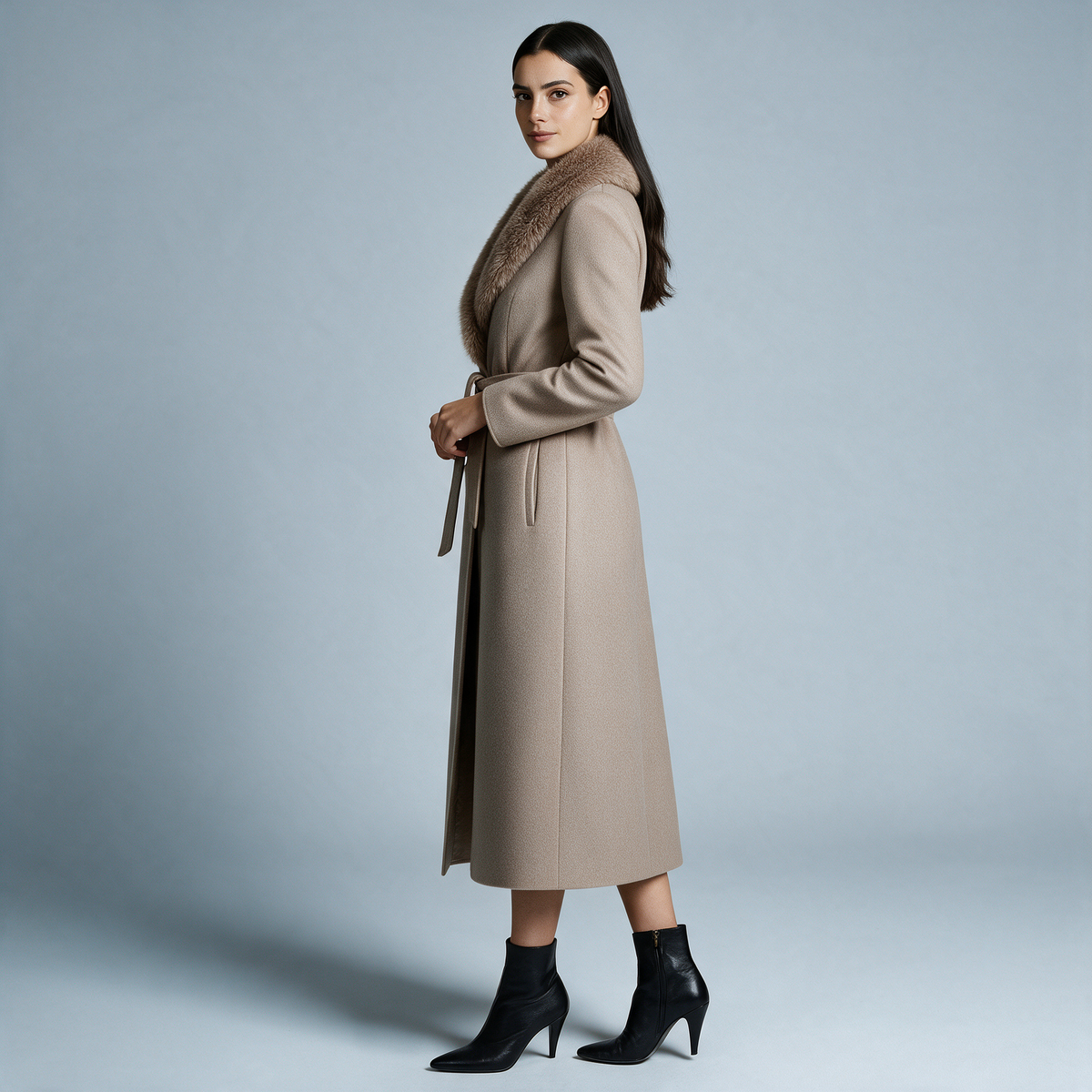 Sallie | Coat With Plush Collar and Waist Belt