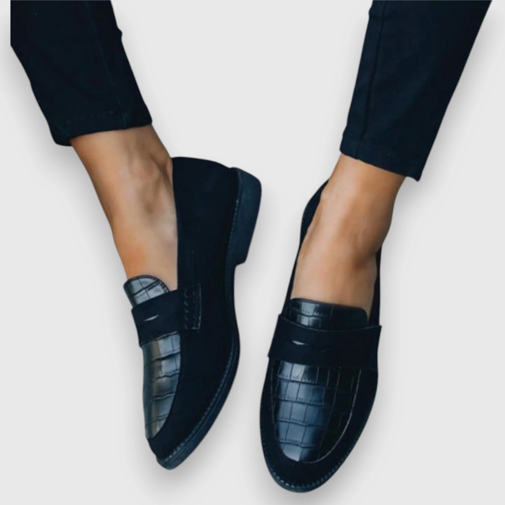 Daphne | Black Textured Slip-On Loafers With Contrast Panels