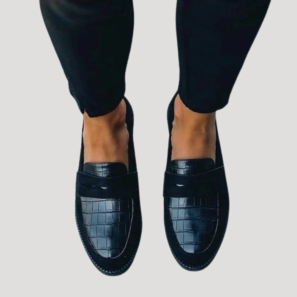 Daphne | Black Textured Slip-On Loafers With Contrast Panels