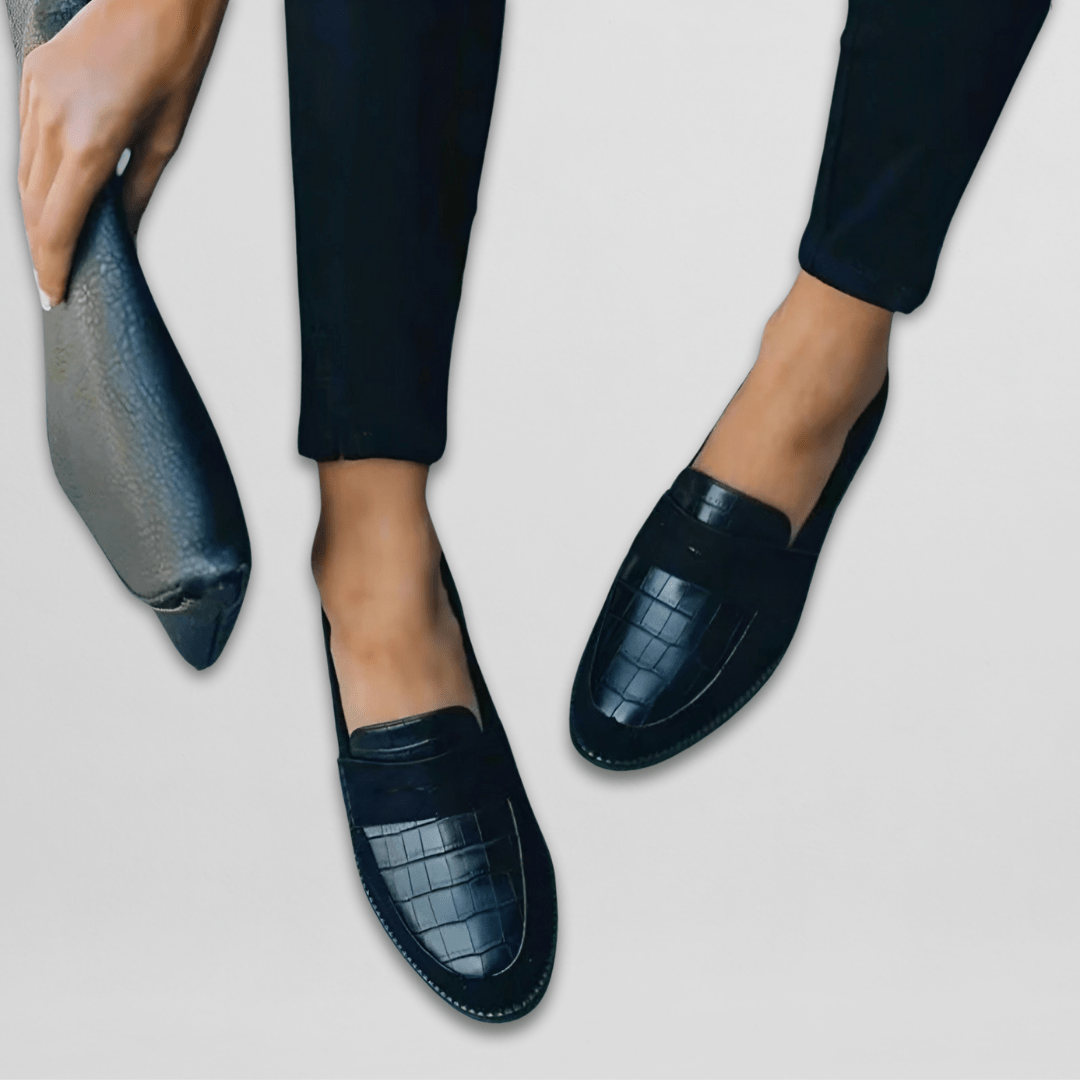 Daphne | Black Textured Slip-On Loafers With Contrast Panels