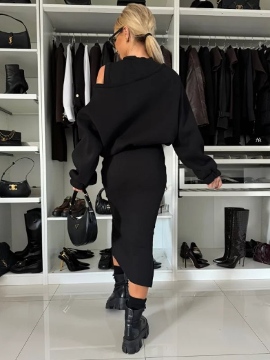 Martha | Two-Piece Cold-Shoulder Sweater Midi Skirt Set