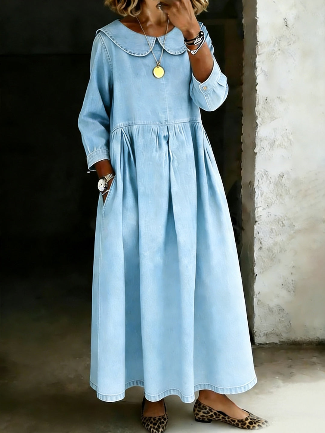Dasol | Long Sleeve Denim Collar Maxi Dress