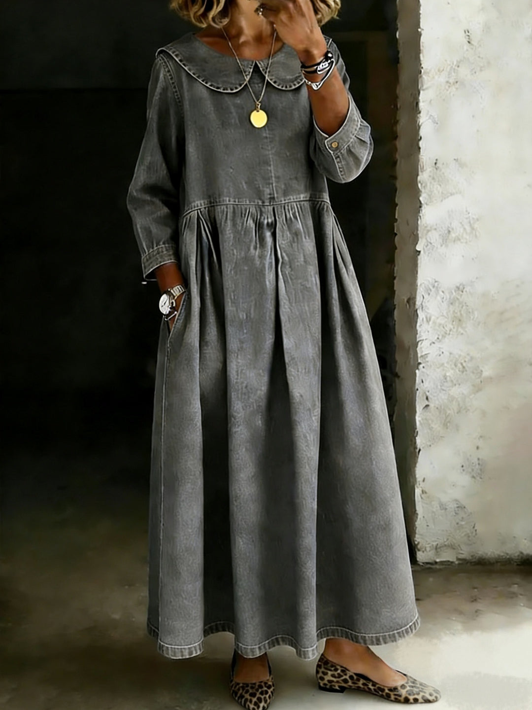 Dasol | Long Sleeve Denim Collar Maxi Dress