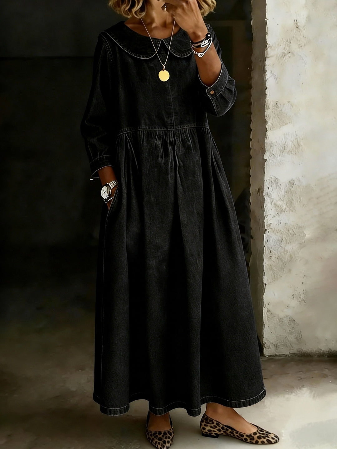 Dasol | Long Sleeve Denim Collar Maxi Dress