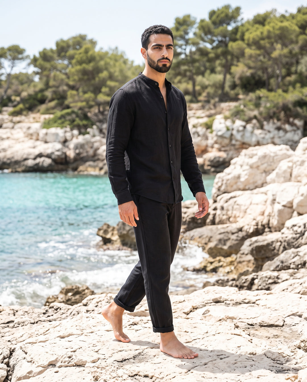 Patrizio | Shirt and Pants Set With Band Collar