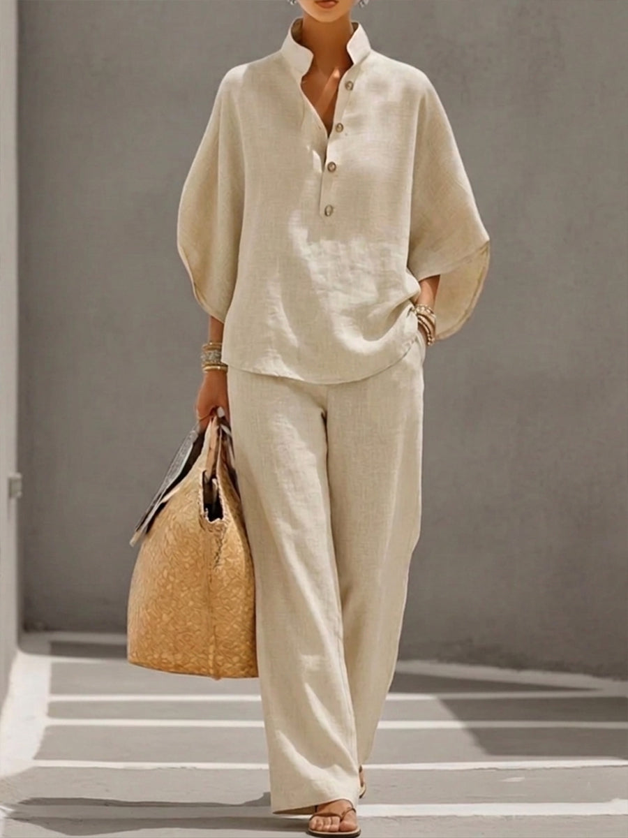 Lorena | Cotton Linen Two-Piece Set with Batwing Sleeves