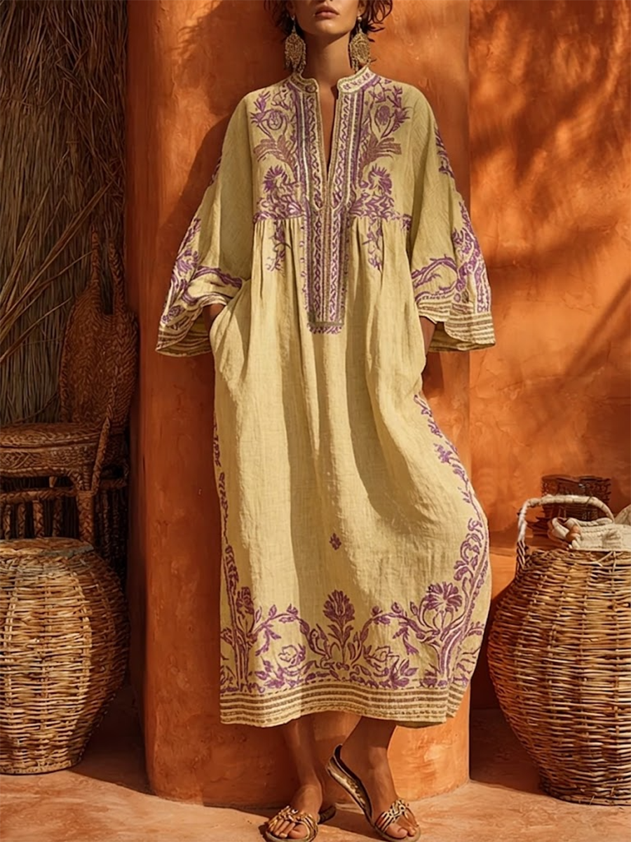 Sariana - Embroidered Midi Kaftan Dress 3/4 Sleeve