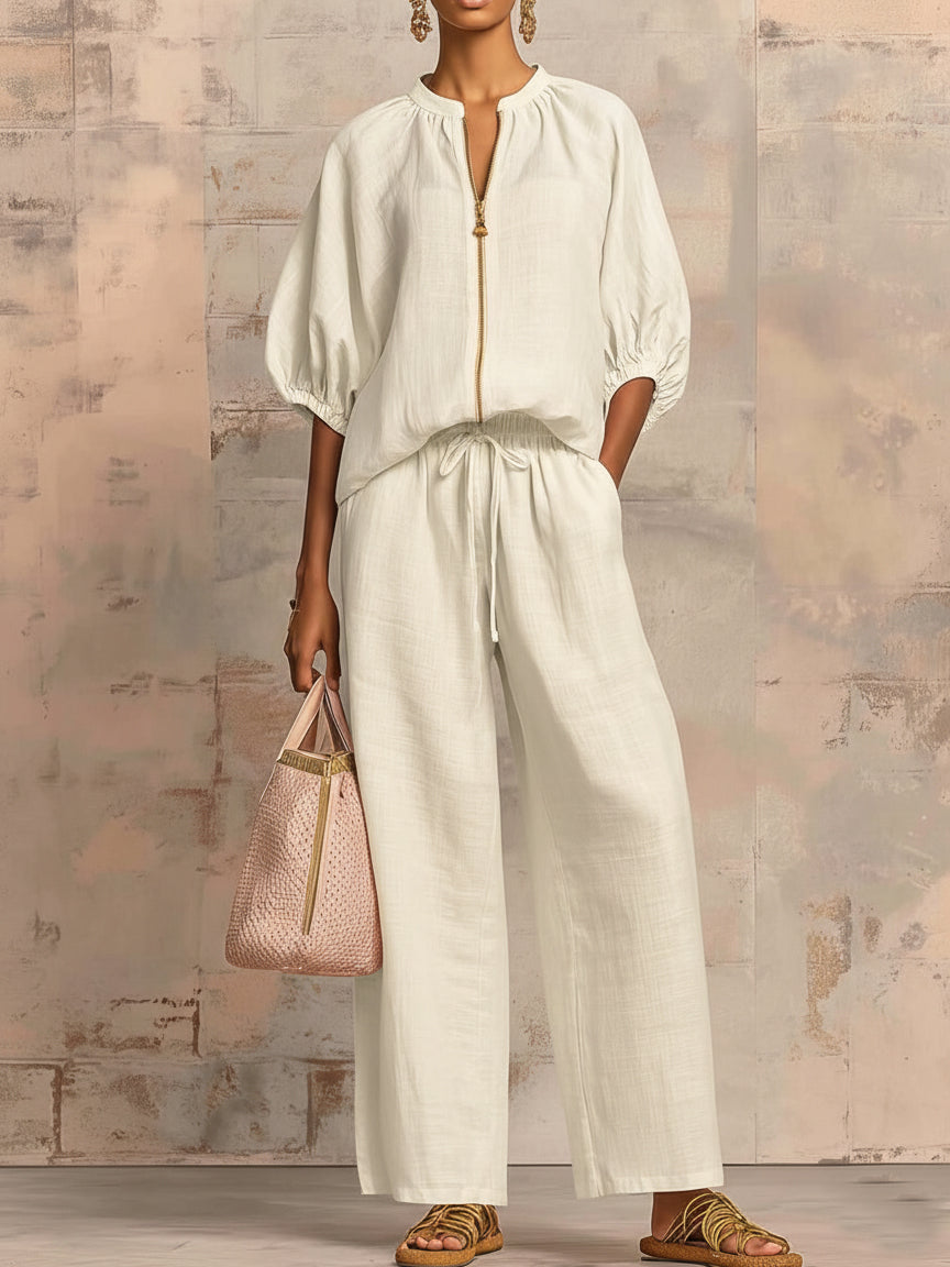Alysha | Two-Piece Zip Top Wide-Leg Pants Set