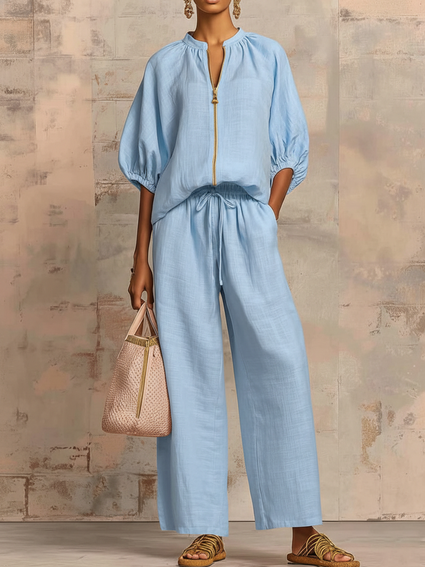 Alysha | Two-Piece Zip Top Wide-Leg Pants Set