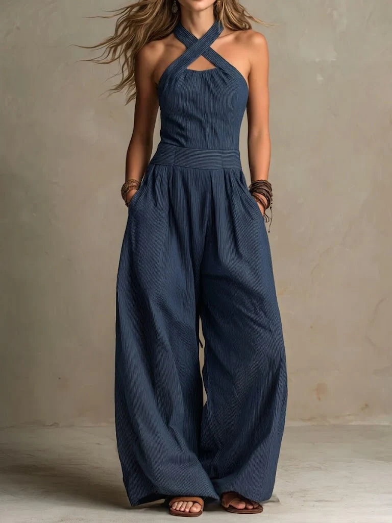 Jazmine | Wide Leg Cross Halter Jumpsuit