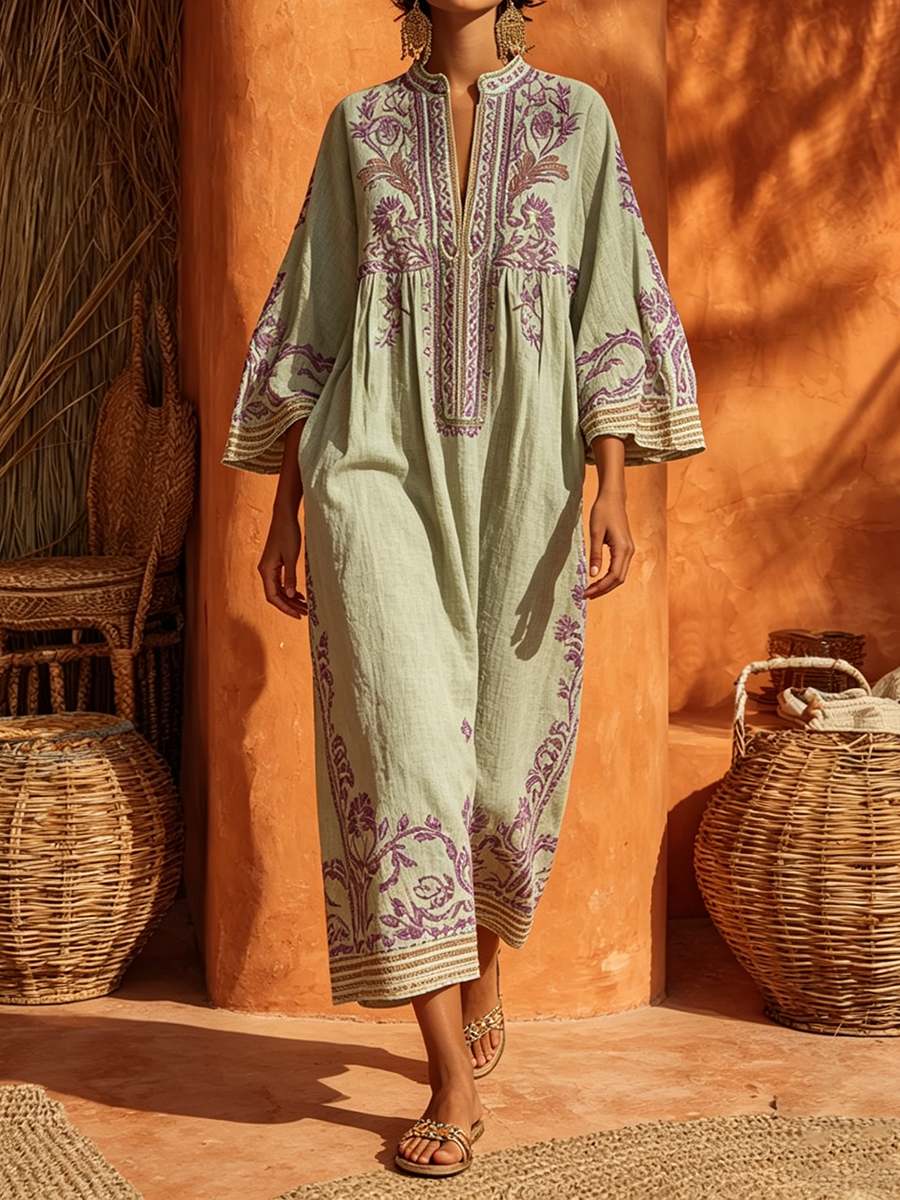 Sariana - Embroidered Midi Kaftan Dress 3/4 Sleeve