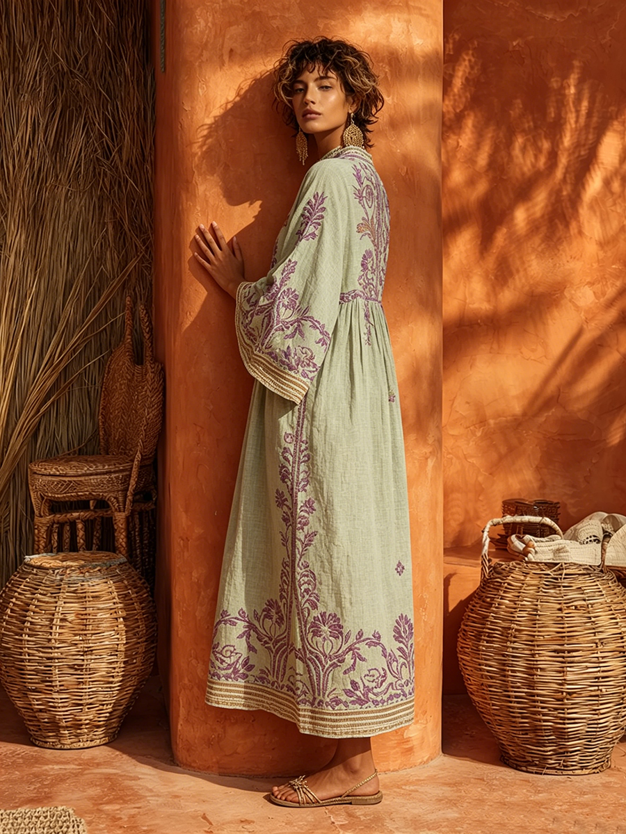 Sariana - Embroidered Midi Kaftan Dress 3/4 Sleeve