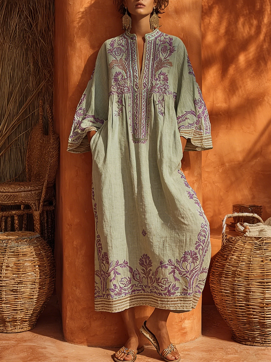 Sariana - Embroidered Midi Kaftan Dress 3/4 Sleeve